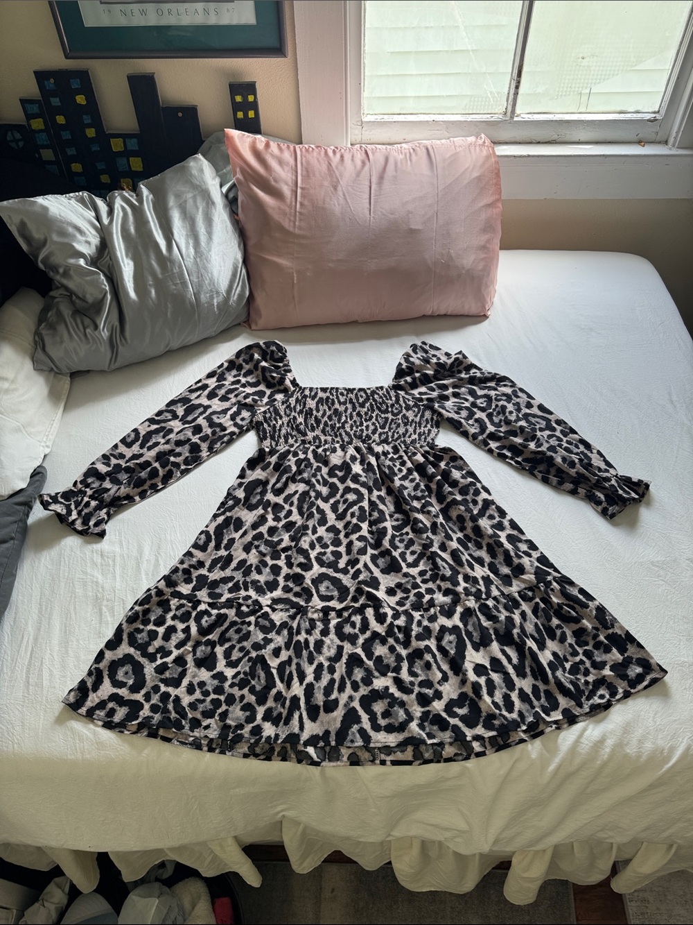 Leopard Print Square Neck Women’s Dress in Black and Cream Off The Shoulder